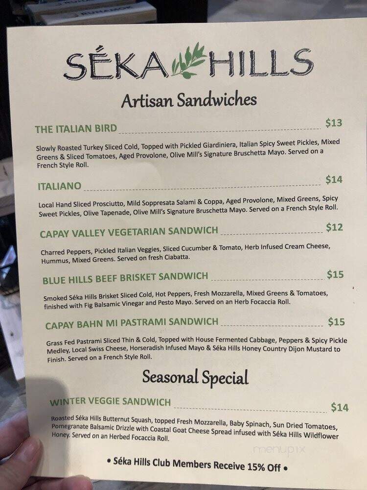 Seka Hills Tasting Room - Brooks, CA menu_pic