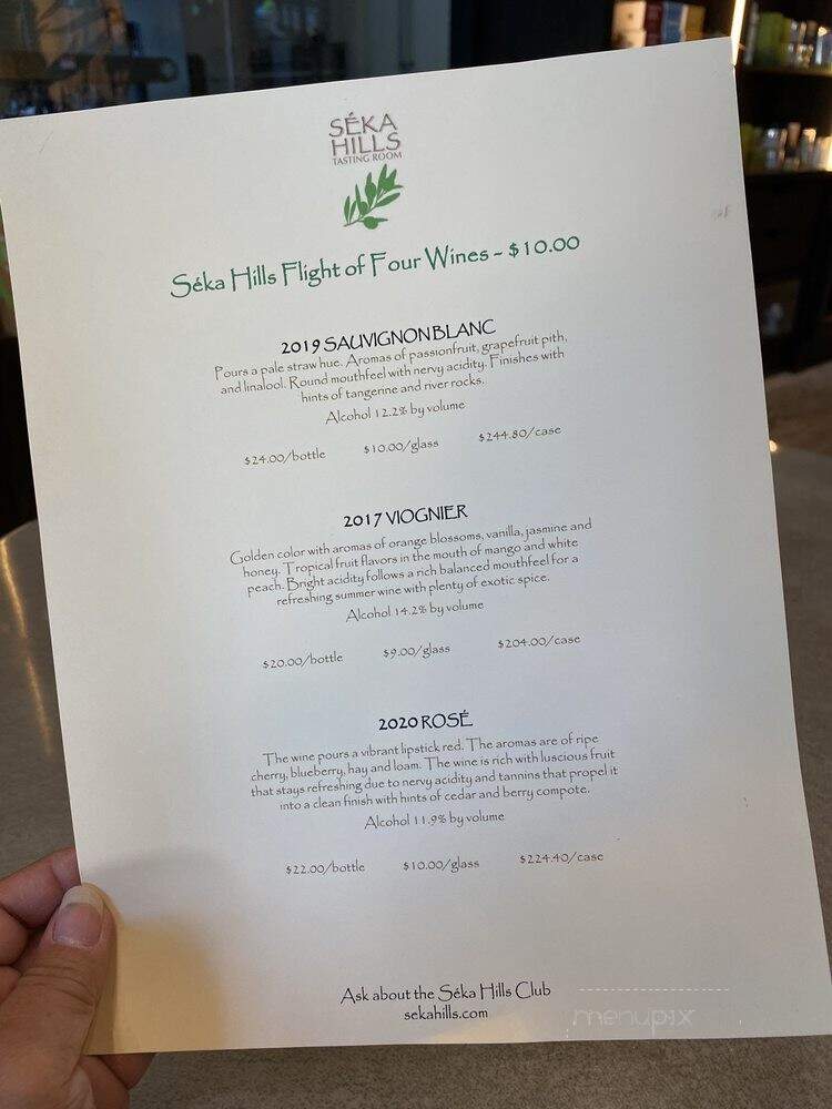 Seka Hills Tasting Room - Brooks, CA menu_pic