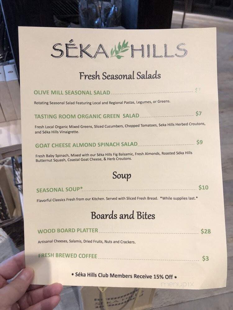 Seka Hills Tasting Room - Brooks, CA menu_pic