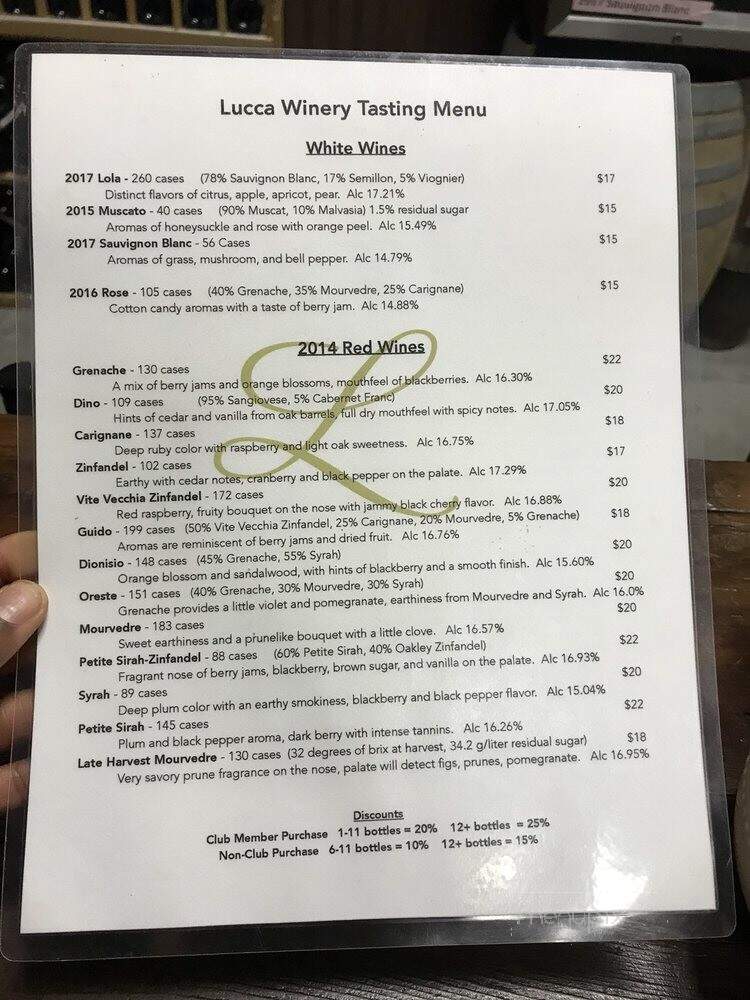 Lucca Winery - Ripon, CA menu_pic