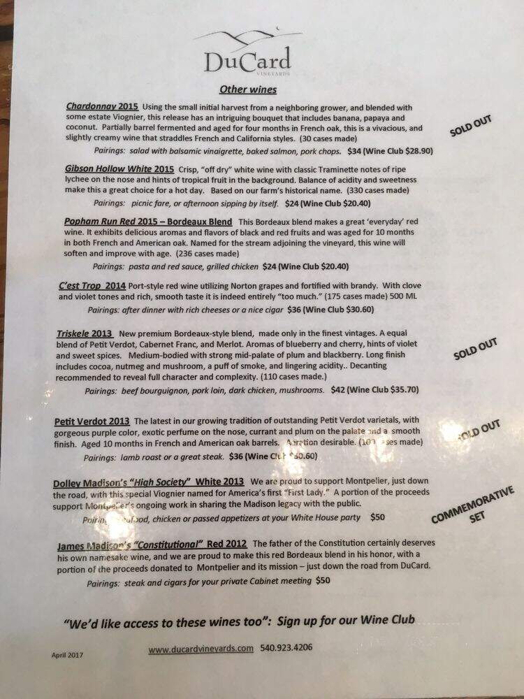 DuCard Vineyards - Etlan, VA menu_pic
