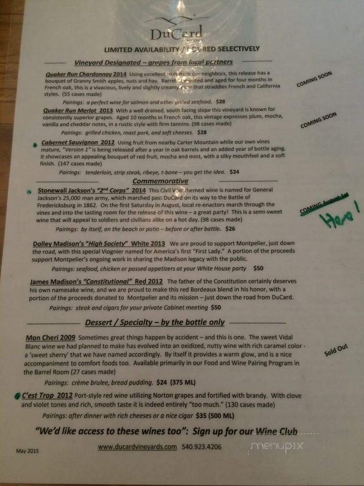 DuCard Vineyards - Etlan, VA menu_pic