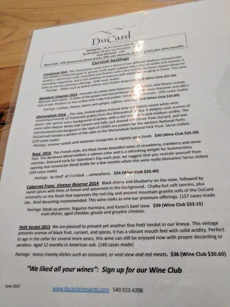 DuCard Vineyards - Etlan, VA menu_pic