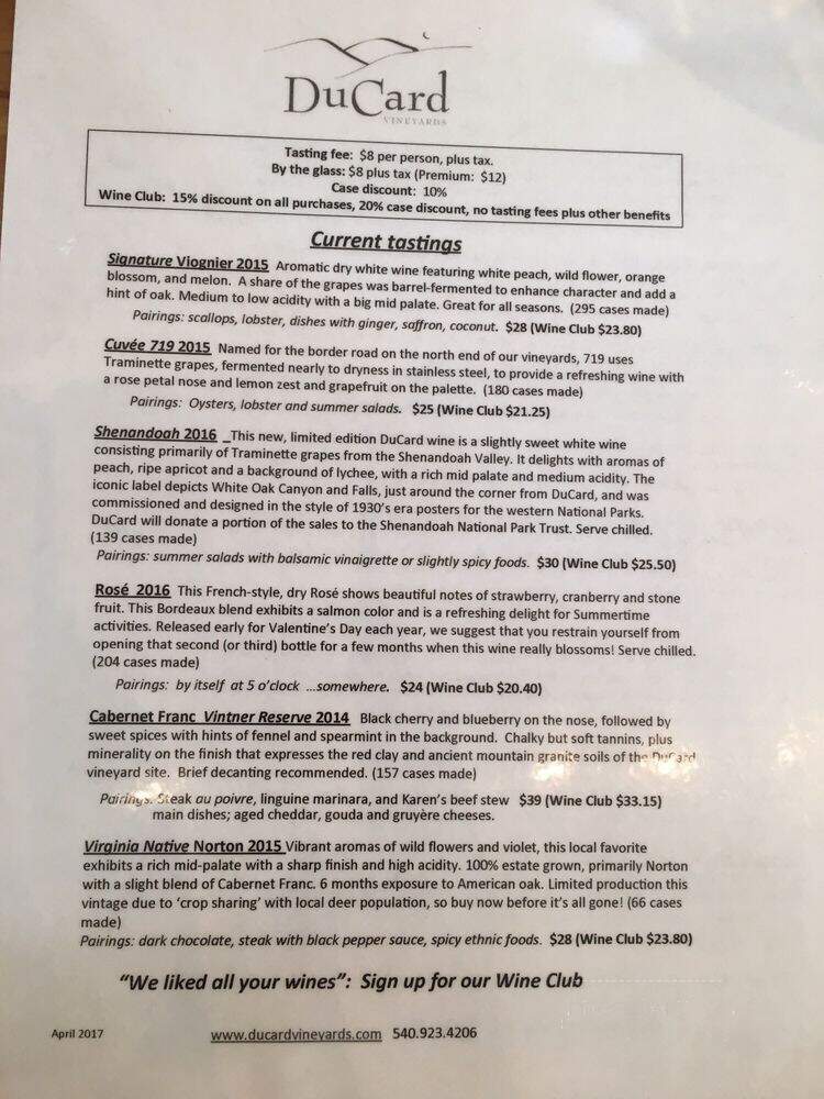 DuCard Vineyards - Etlan, VA menu_pic