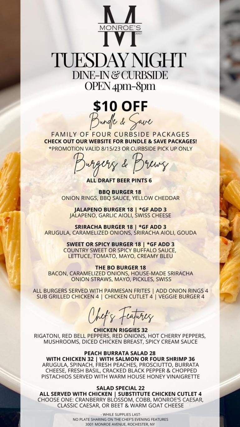 Monroe's Restaurant - Rochester, NY menu_pic