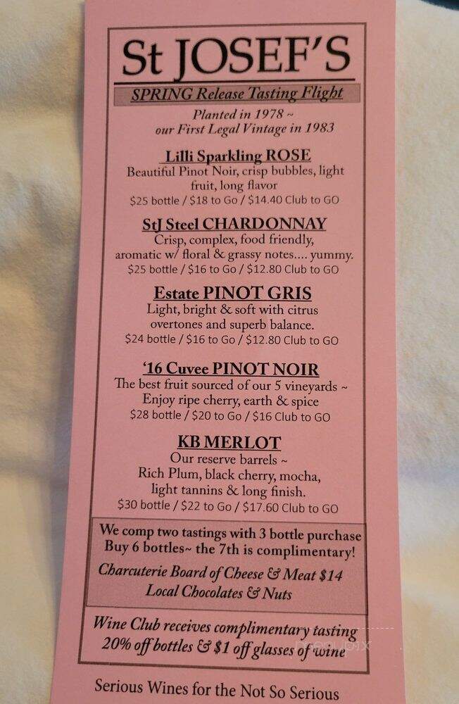 St. Josef's Winery - Canby, OR menu_pic