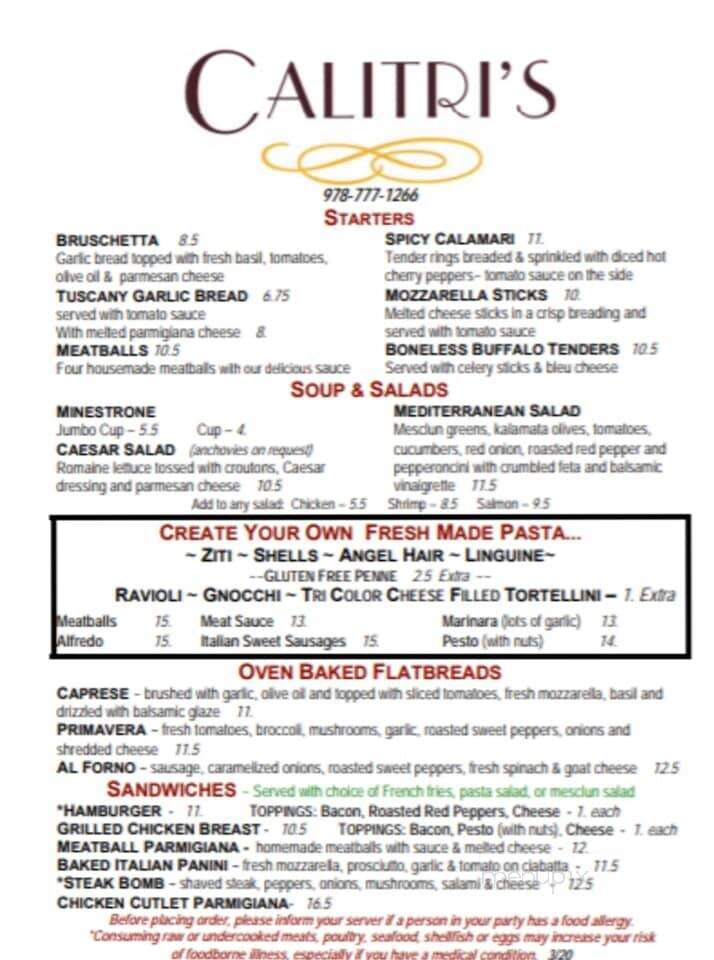 Calitri's Italian Cuisine - Danvers, MA menu_pic