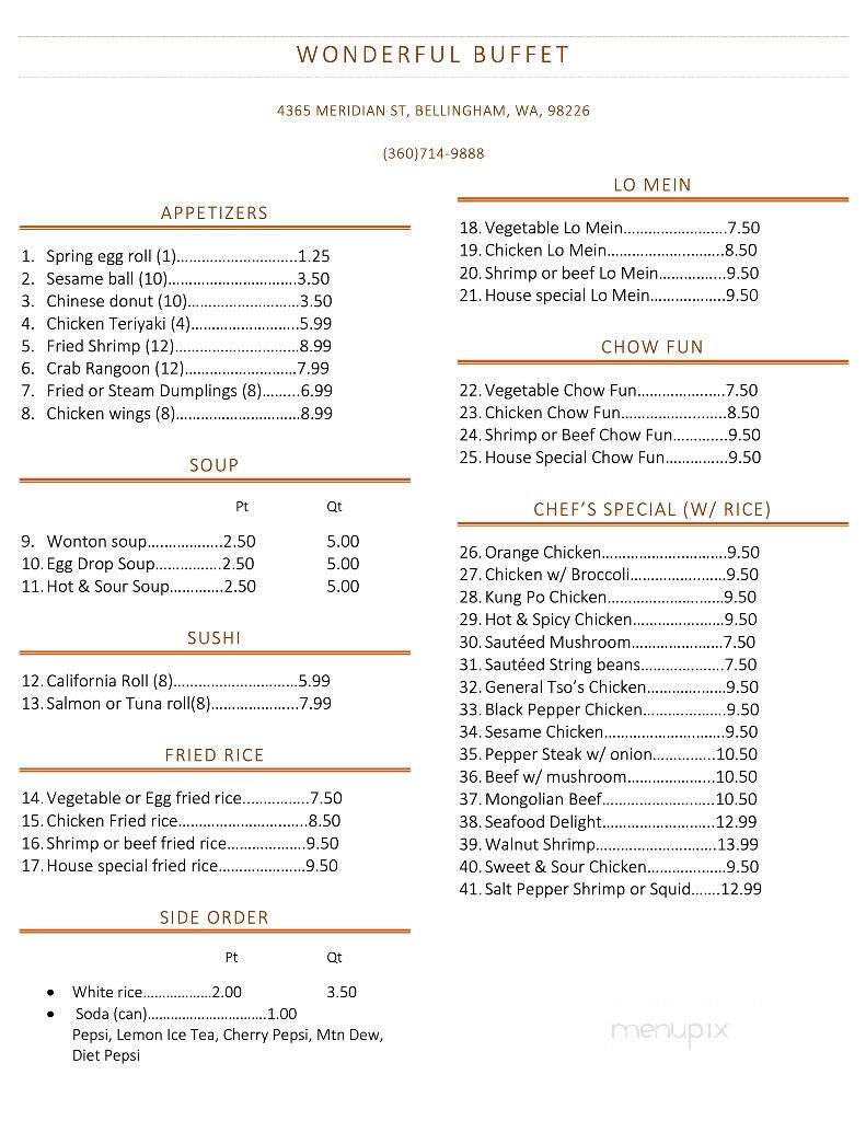 Wonderful Buffet - Bellingham, WA menu_pic