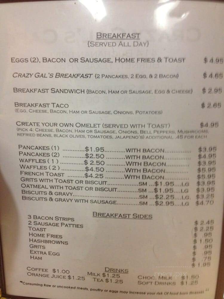 Crazy Gal's Cafe - Bertram, TX menu_pic