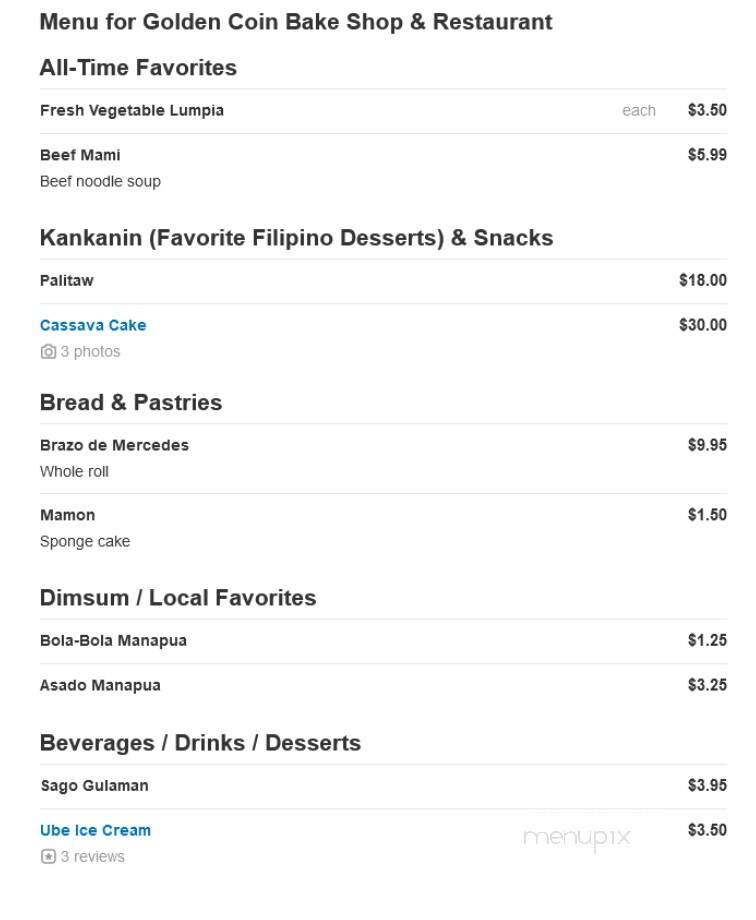 Golden Coin Bake Shop & Restaurant - Honolulu, HI menu_pic