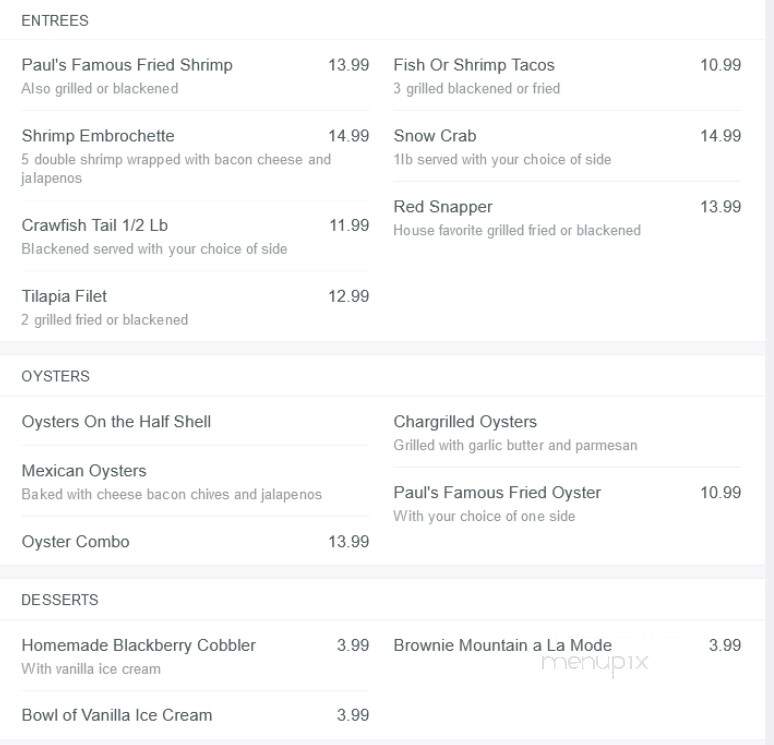 Paul's Seafood & Oyster Boat - Houston, TX menu_pic