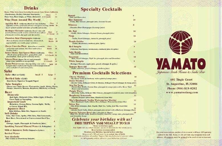 Yamato Japanese Steakhouse - St Augustine, FL menu_pic