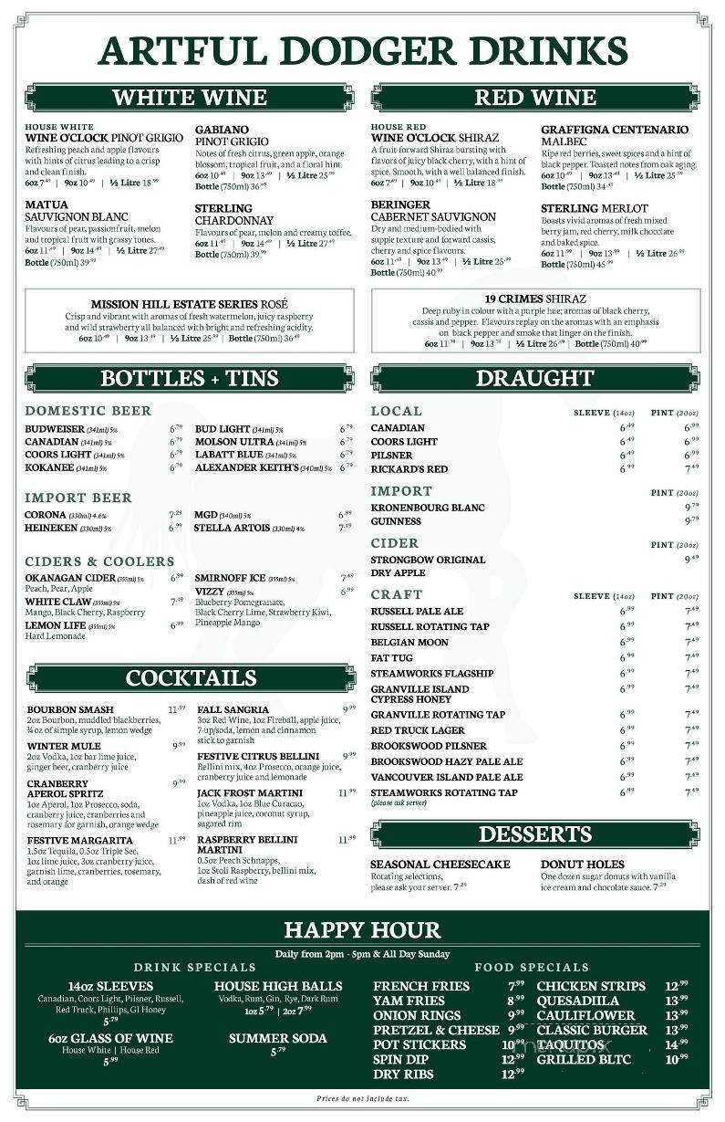 Artful Dodger Neighbourhood Pub - Langley Twp, BC menu_pic