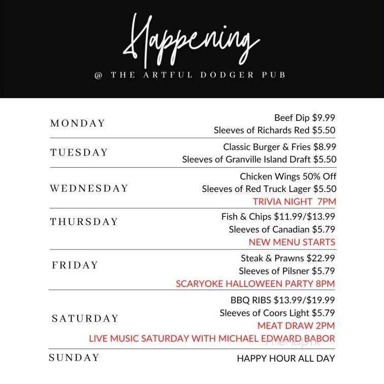 Artful Dodger Neighbourhood Pub - Langley Twp, BC menu_pic