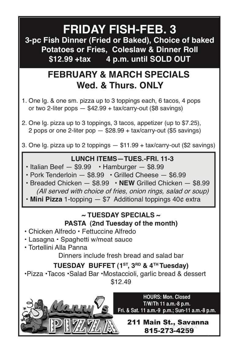 Manny's Frozen Pizza - Savanna, IL menu_pic
