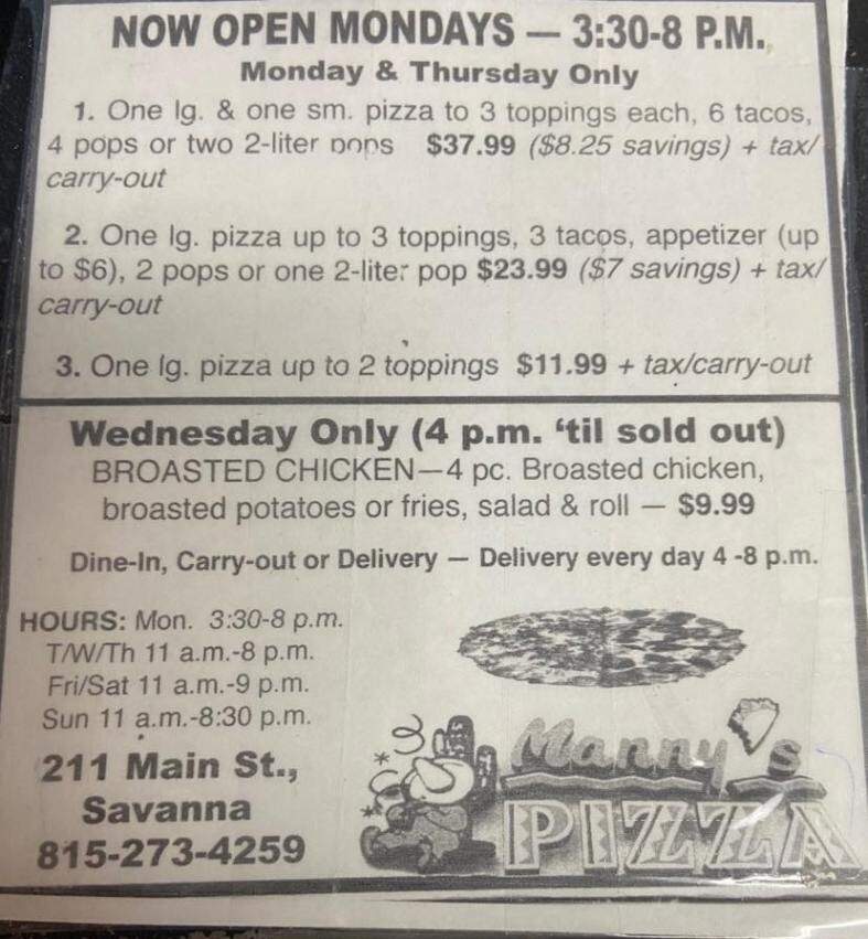 Manny's Frozen Pizza - Savanna, IL menu_pic
