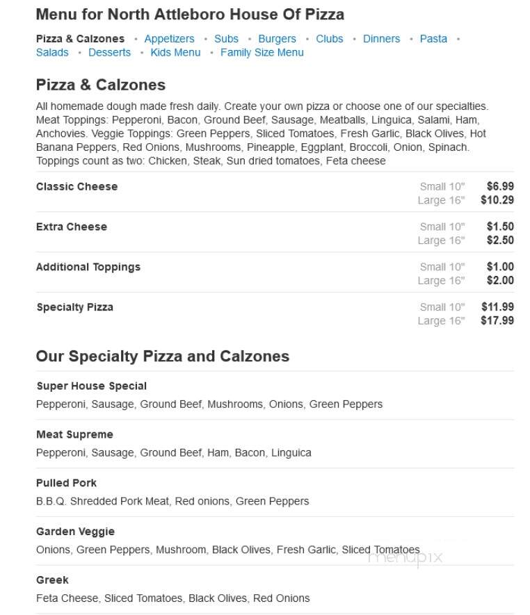 North Attleboro House Of Pizza - North Attleboro, MA menu_pic