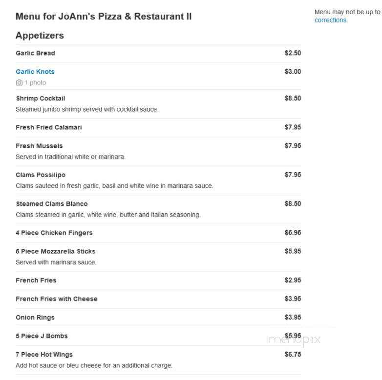 Jo Ann's Pizza & Restaurant II - Mays Landing, NJ menu_pic