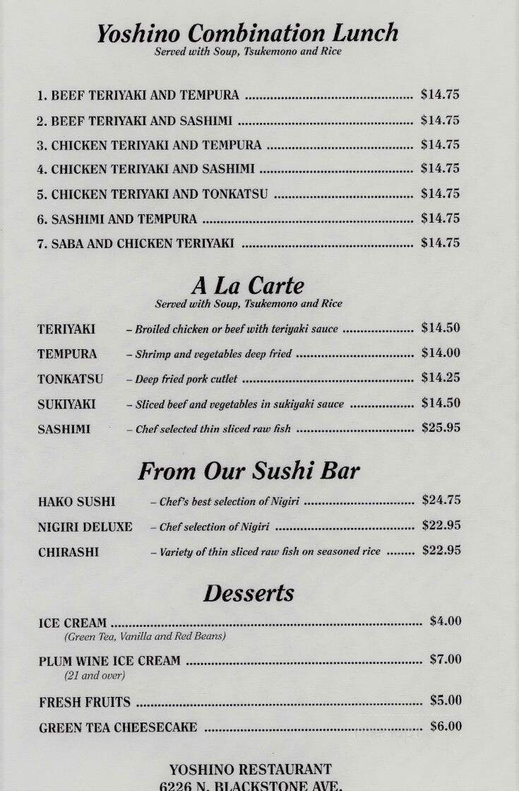 Yoshino Japanese Restaurant - Fresno, CA menu_pic