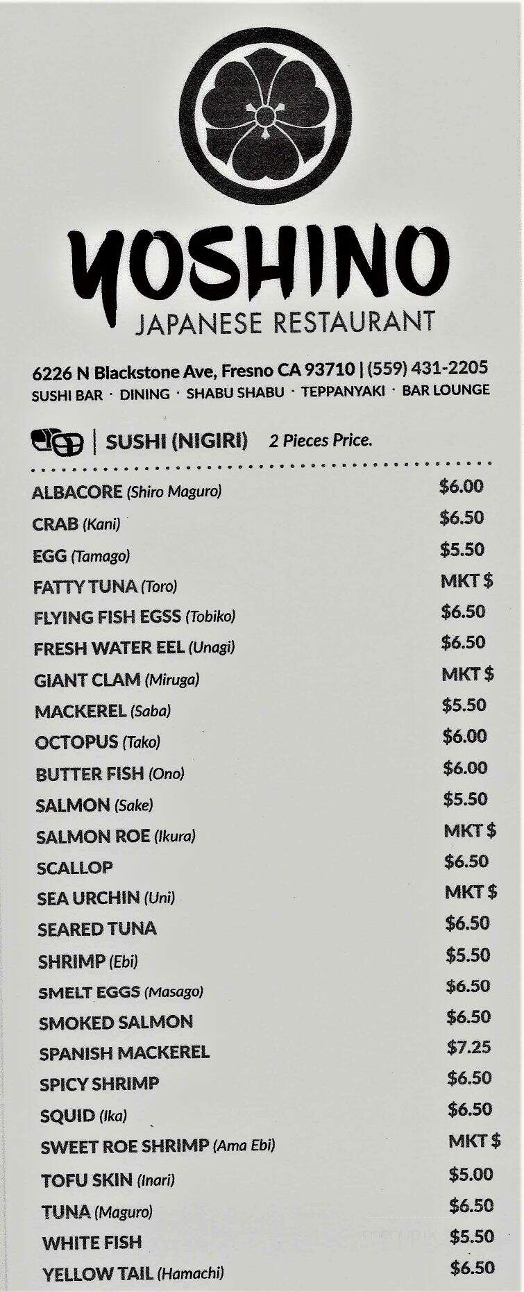 Yoshino Japanese Restaurant - Fresno, CA menu_pic