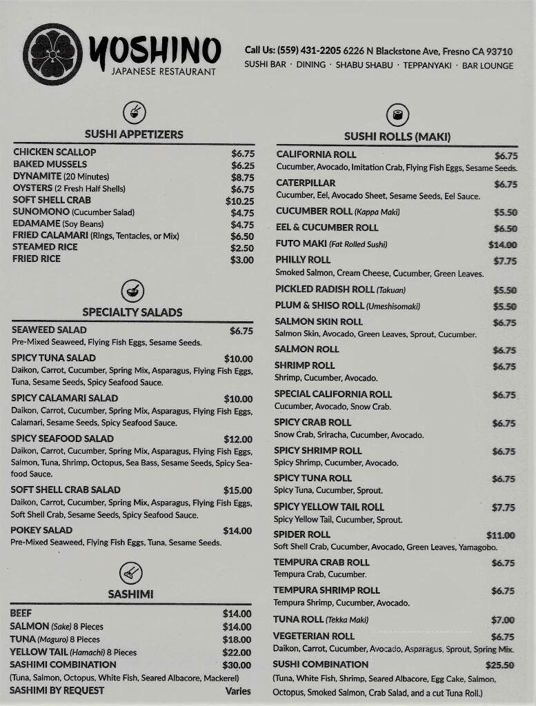 Yoshino Japanese Restaurant - Fresno, CA menu_pic