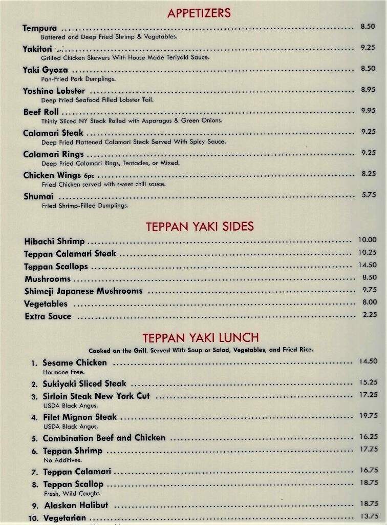 Yoshino Japanese Restaurant - Fresno, CA menu_pic