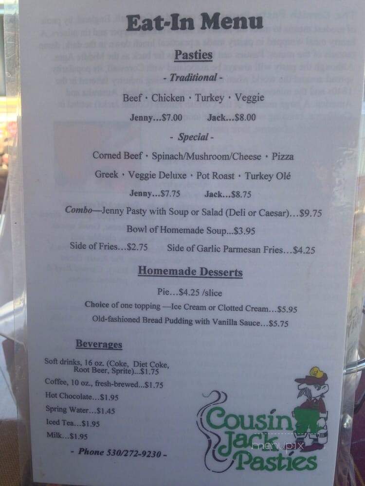 Cousin Jack Pasties - Grass Valley, CA menu_pic