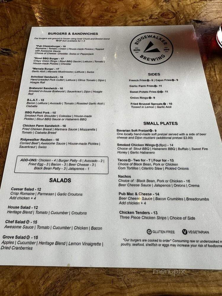 Ridgewalker Brewing - Forest Grove, OR menu_pic