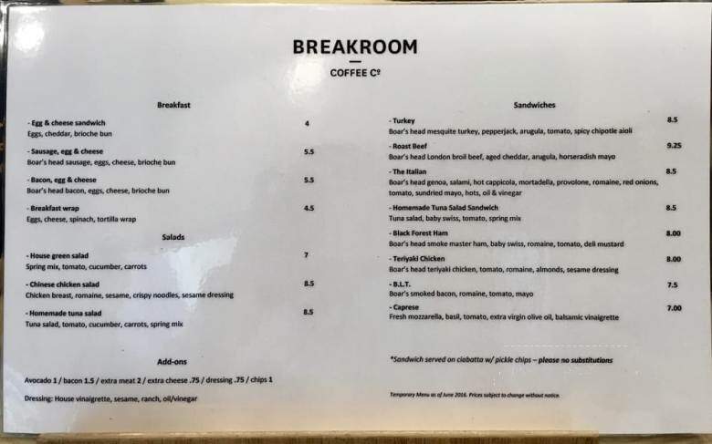 Breakroom Coffee & Food - Los Angeles, CA menu_pic