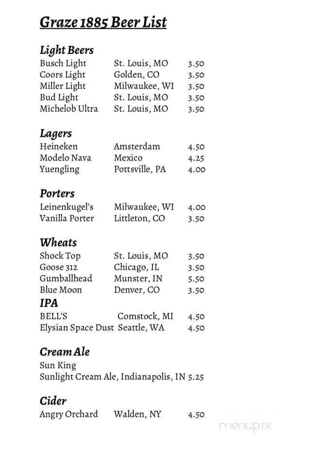 Graze 1885 - Vincennes, IN menu_pic