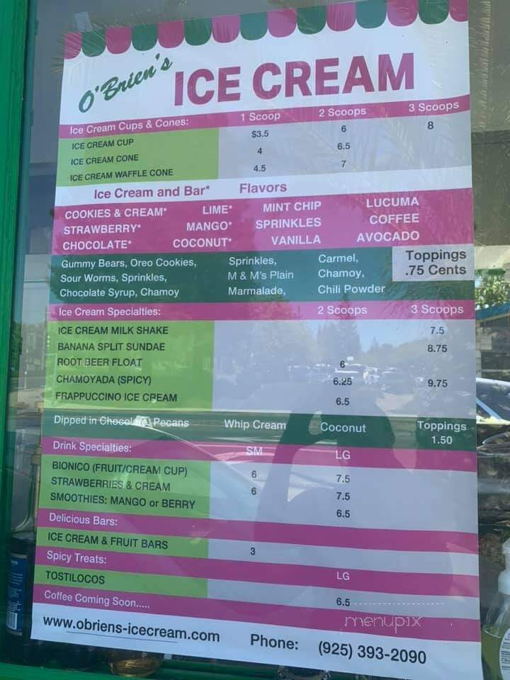 O'Brien's Ice Cream - Walnut Creek, CA menu_pic