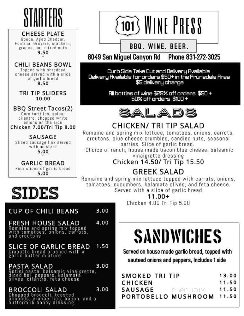 101 Wine Press - Prunedale, CA menu_pic