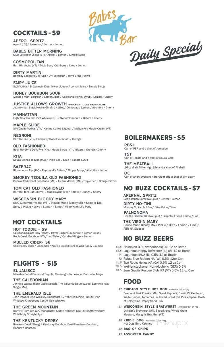 Babes Bar - Bethel, VT menu_pic
