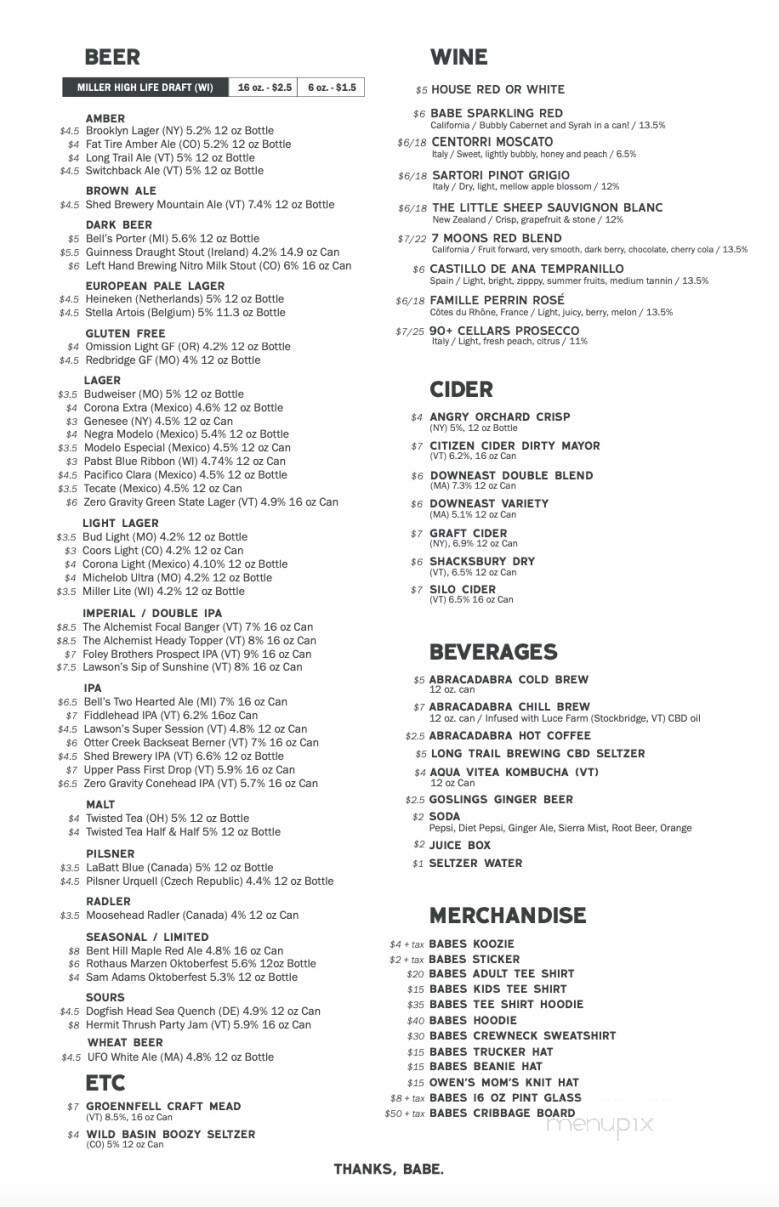 Babes Bar - Bethel, VT menu_pic