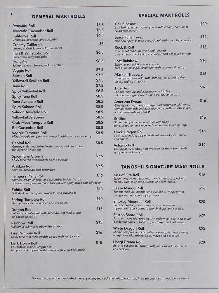 Tanoshii - Willow Grove, PA menu_pic