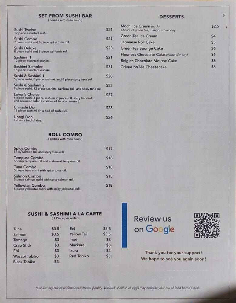 Tanoshii - Willow Grove, PA menu_pic