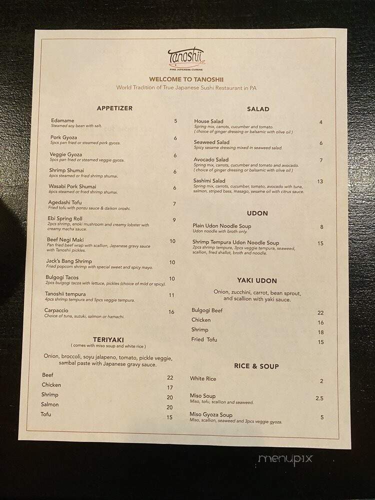 Tanoshii - Willow Grove, PA menu_pic
