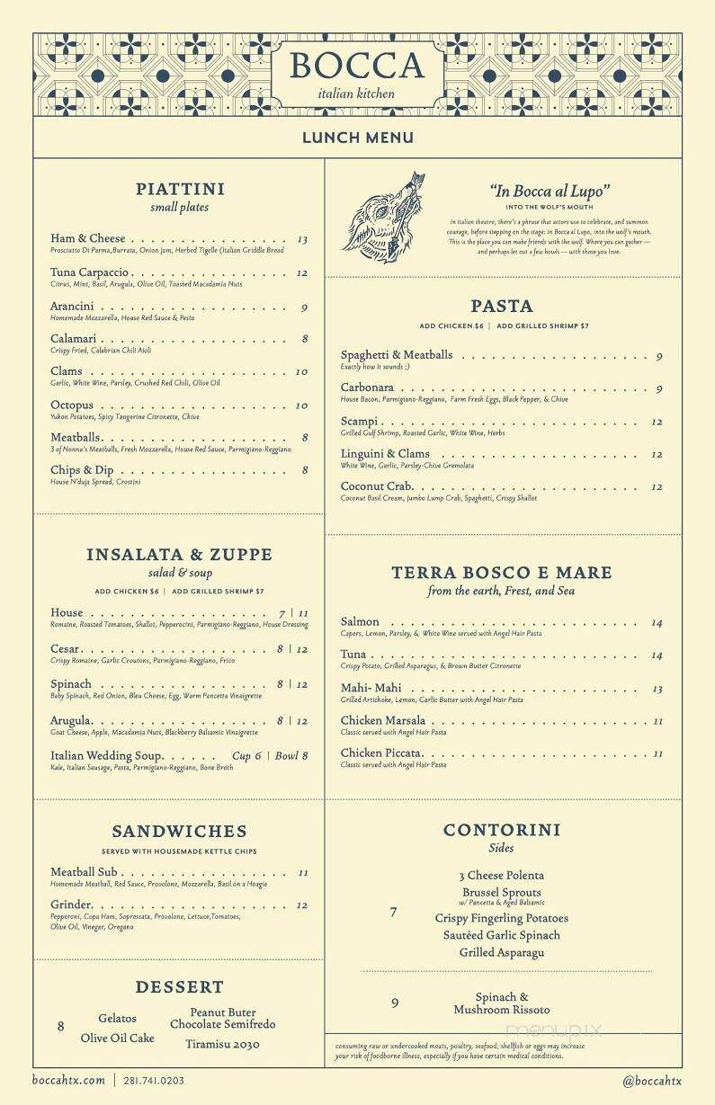 Bocca Italian Kitchen - Houston, TX menu_pic