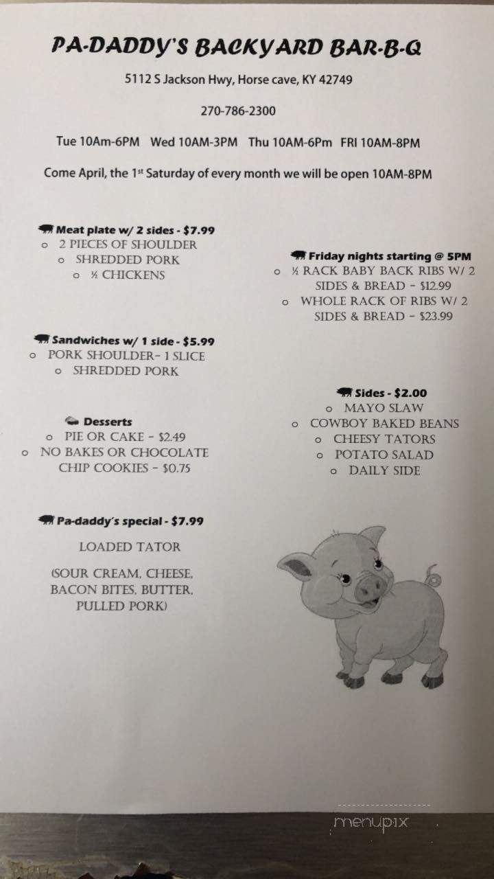 Pa-Daddy's Backyard Bar-B-Q - Horse Cave, KY menu_pic