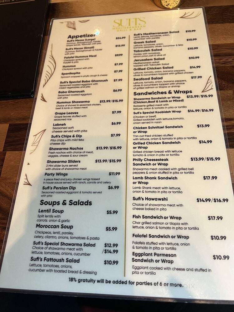 Sufi's Mediterranean Grill and Bar - Germantown, TN menu_pic