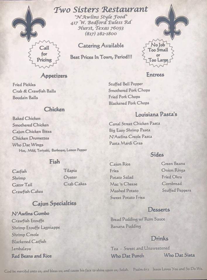 Two Sister's Restaurant - Hurst, TX menu_pic