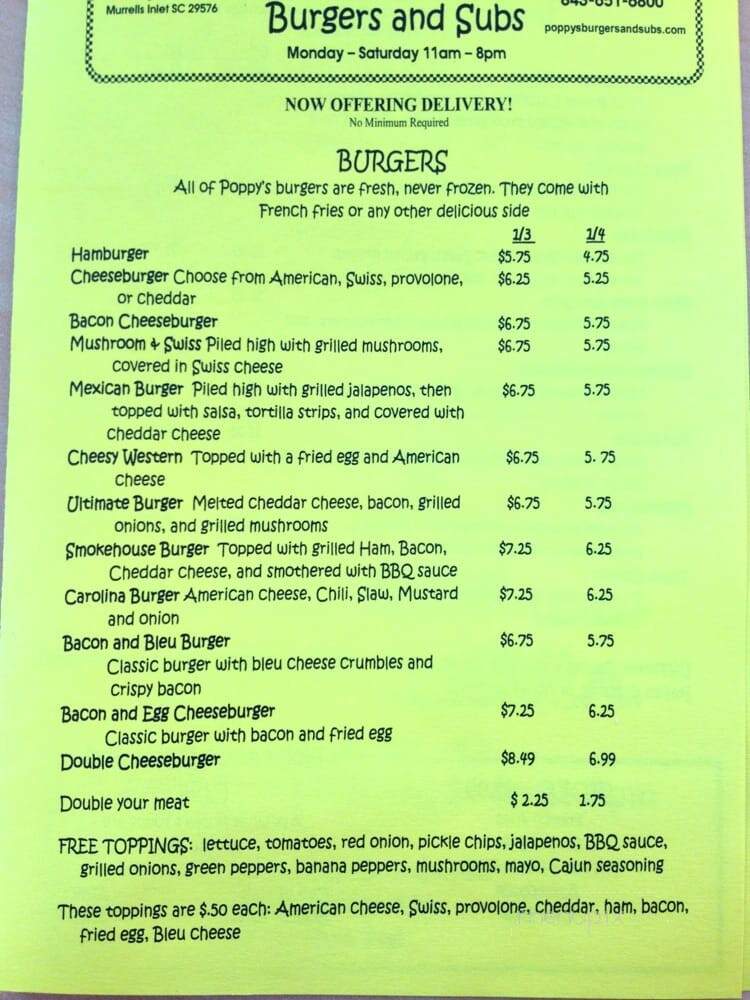 Poppy's Burgers and Subs - Murrells Inlet, SC menu_pic