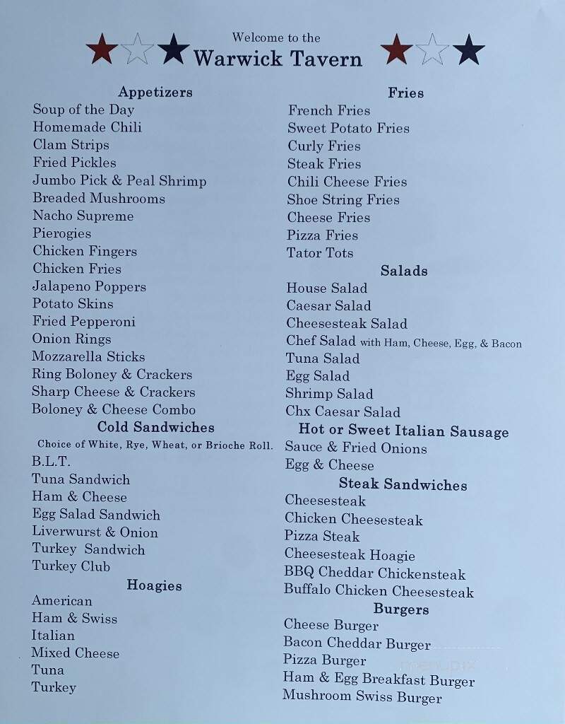 Warwick Tavern - Jamison, PA menu_pic