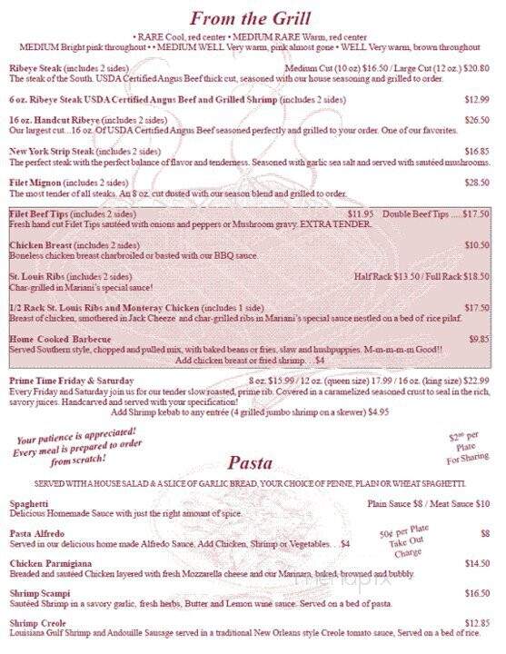 Mariani's Restaurant - Pembroke, NC menu_pic