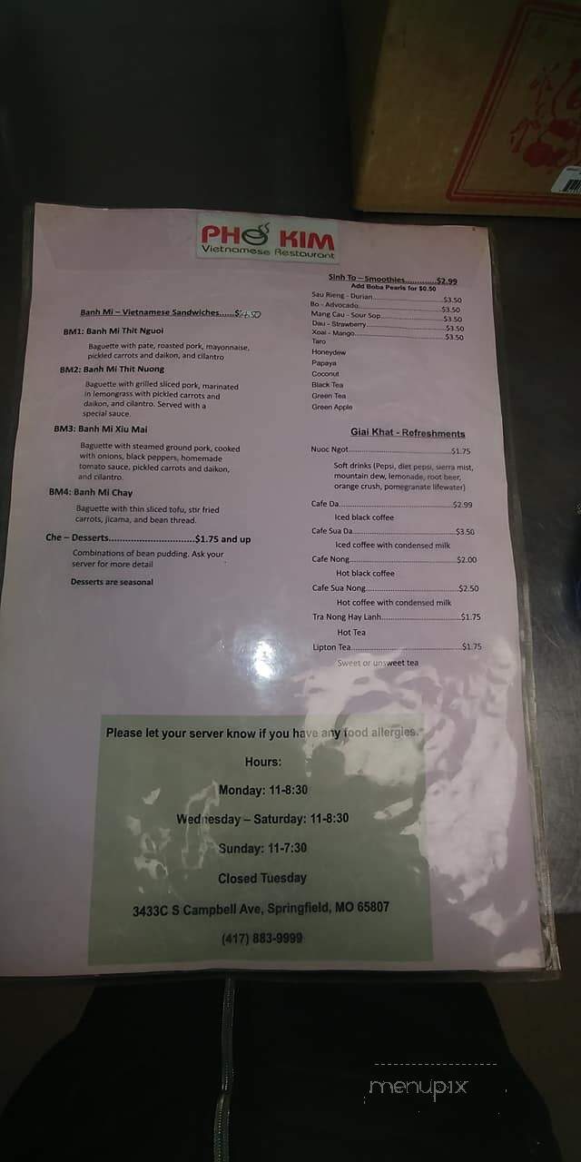 Pho Kim - Springfield, MO menu_pic