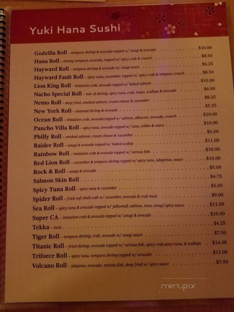 Yuki Hana Sushi - Hayward, CA menu_pic