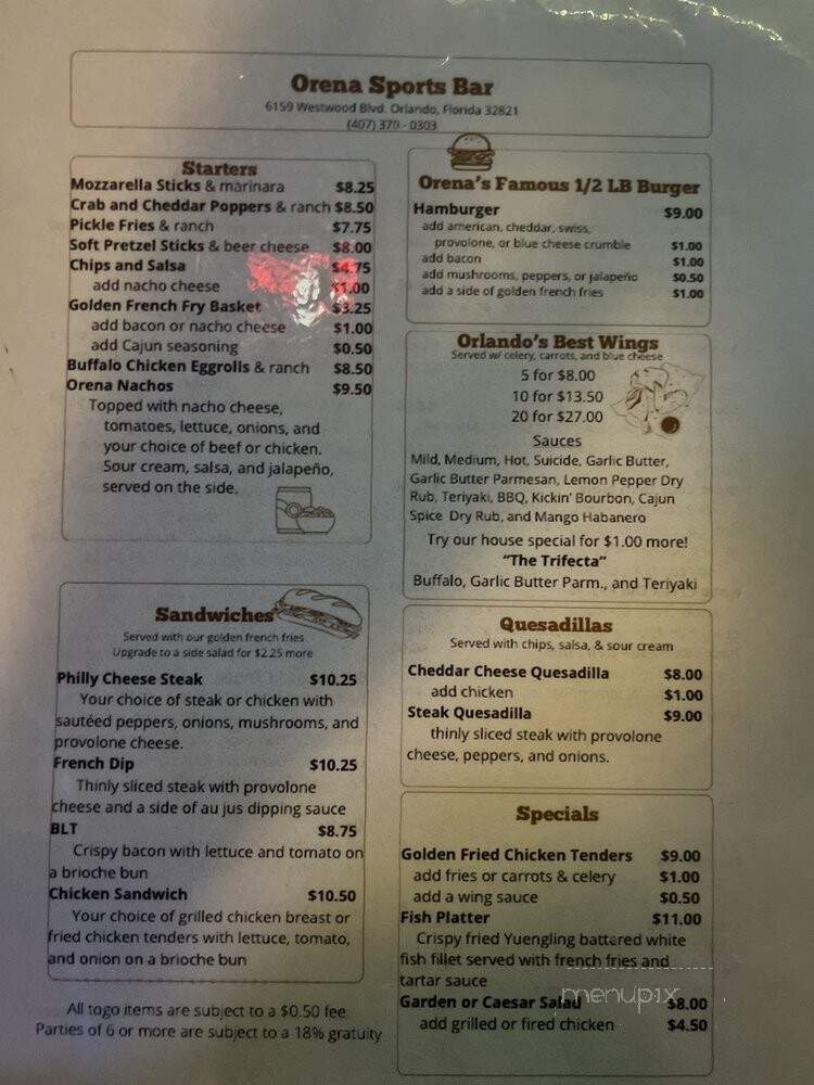 Orena Sports Bar - Orlando, FL menu_pic