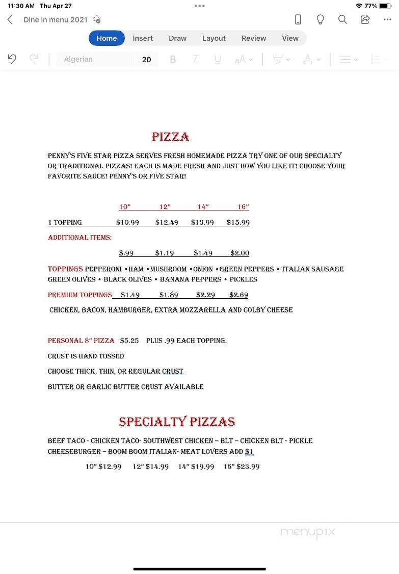 Penny's Five Star Pizza - Lake Odessa, MI menu_pic