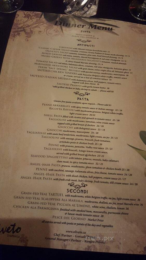 Oliveto Trattoria - Edmonton, AB menu_pic