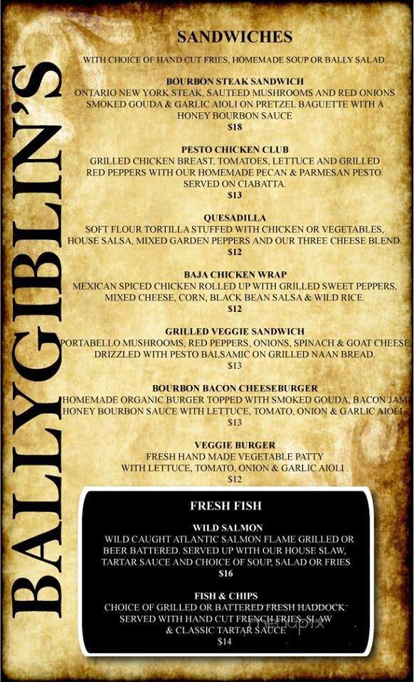 Ballygiblin's Restaurant & Pub - Carleton Place, ON menu_pic